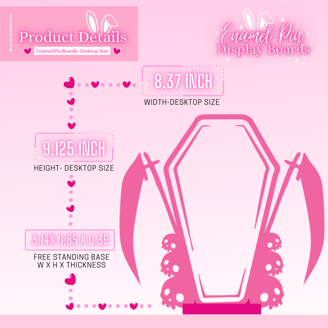 Pink enamel pin display board with measurements and product details on a pink background