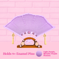 Light purple Japanese fan close up with the words holds 9+ enamel pins.