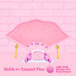 Light pink Japanese fan close up with the words holds 9+ enamel pins.
