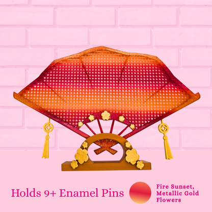Fire Sunset, metallic gold flower Japanese fan, which holds 9+ pins.
