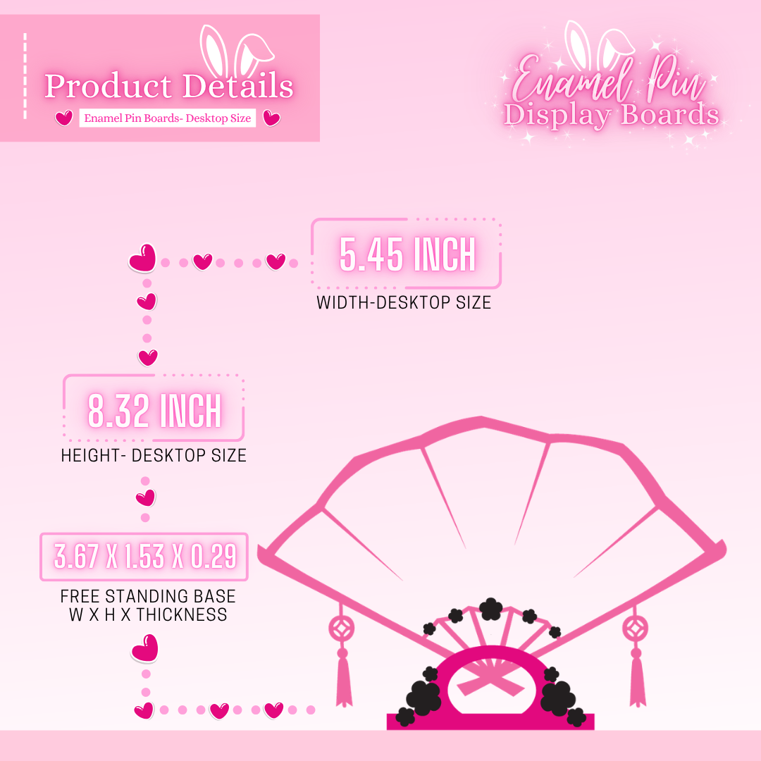Product details of an enamel pin display board on a pink background