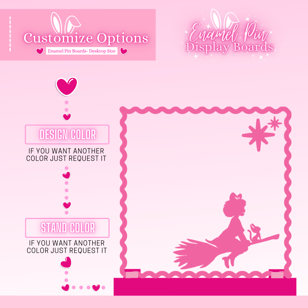 Pink display board with customizable options for design and stand color on a pink background.