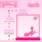 Pink enamel pin display board with product details on a pink background