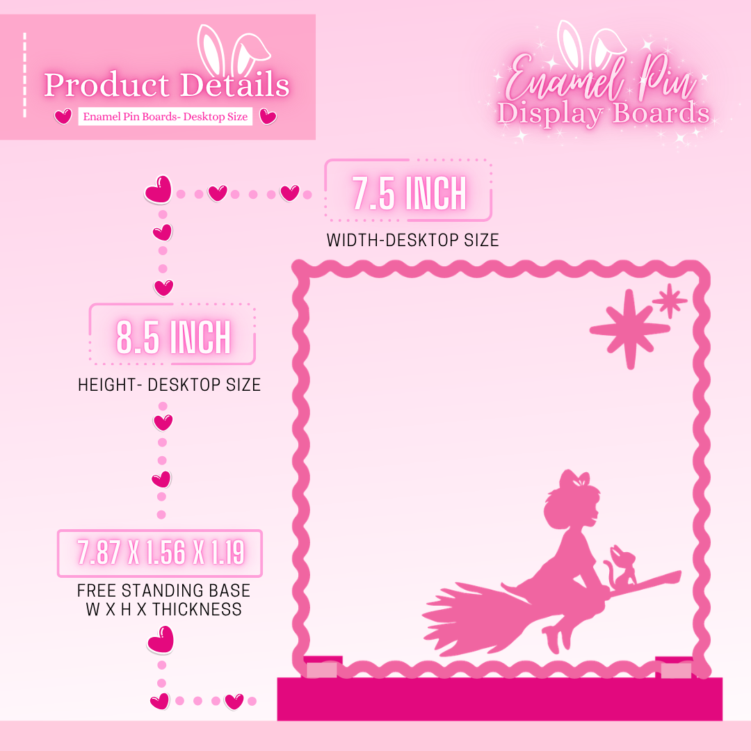 Pink enamel pin display board with product details on a pink background