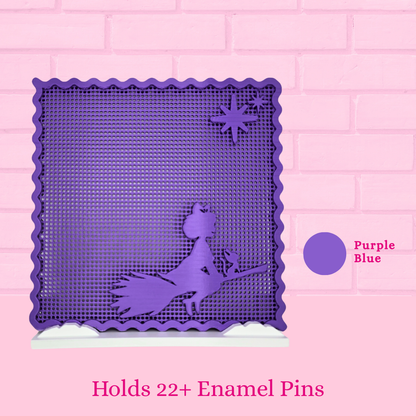 Purple Blue Kiki's Sky display board with the words holds 22+ enamel pins.