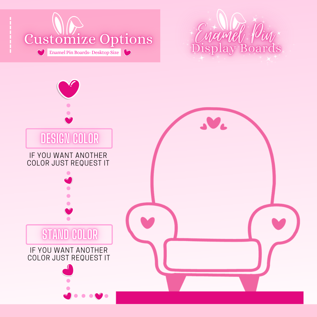 Pink display board with customizable options for design and stand color on a pink background.