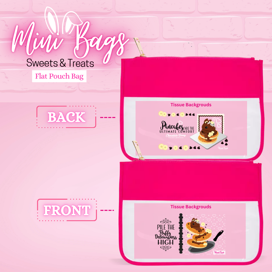 The front and back designs of the flat pouch for the Chocolate Pancakes, with the front reading Pile the fluffy deliciousness high, and the back reads pancakes are the ultimate comfort.