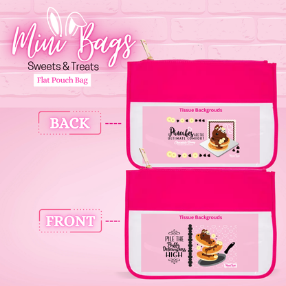 The front and back designs of the flat pouch for the Chocolate Pancakes, with the front reading Pile the fluffy deliciousness high, and the back reads pancakes are the ultimate comfort.