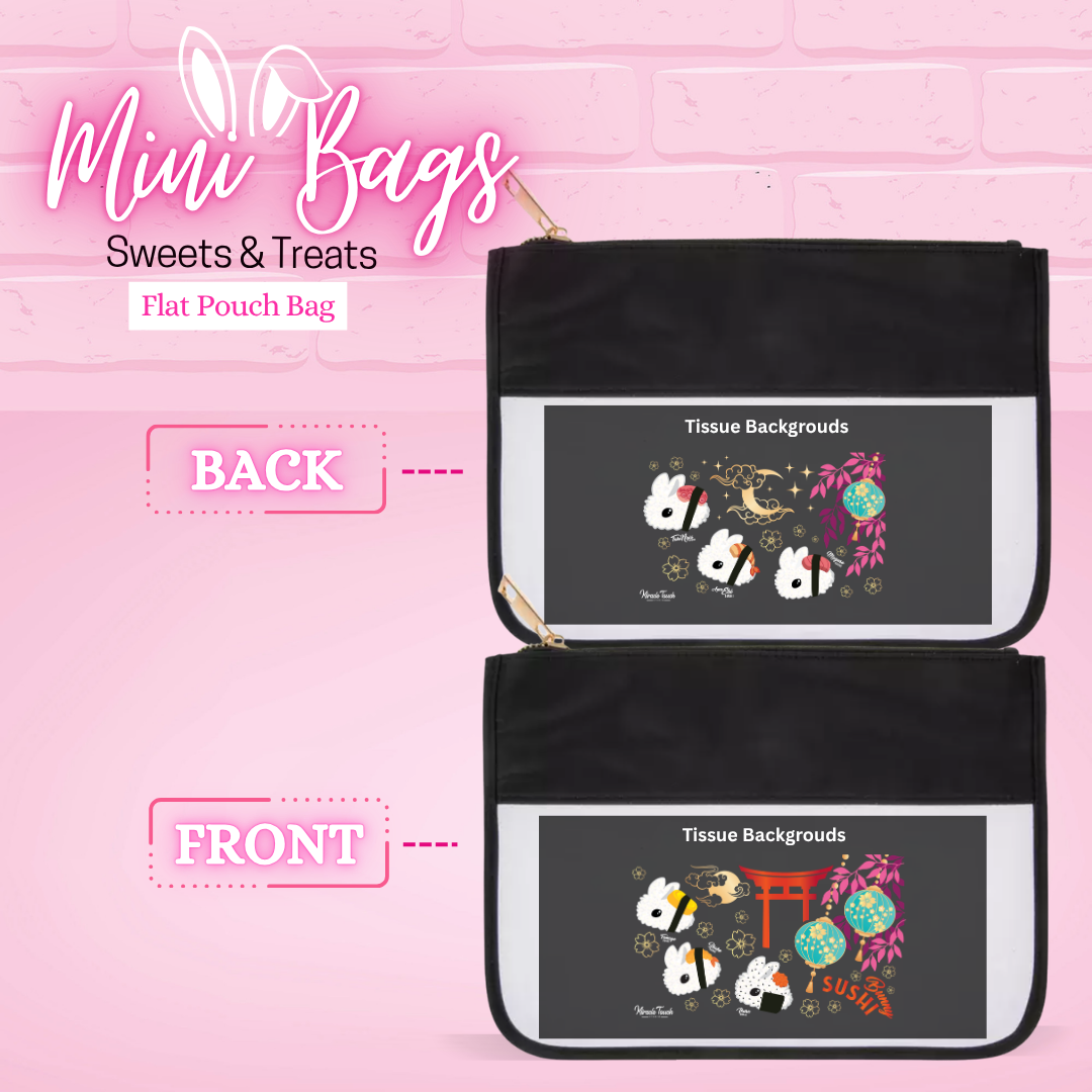 The front and back designs of the flat pouch for the Sushi set are shown, with the octopus sushi, grilled shrimp sushi, and the tuna sushi are on the front, while the back shows the egg sushi, the fried shrimp sushi, and the fish egg sushi.