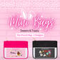 Mini bags sweets and treats for flat pouch bags which has three designs, and two colors are shown.
