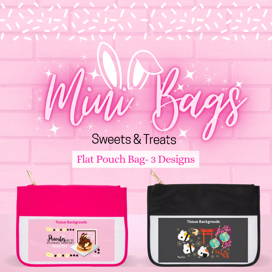 Mini bags sweets and treats for flat pouch bags which has three designs, and two colors are shown.