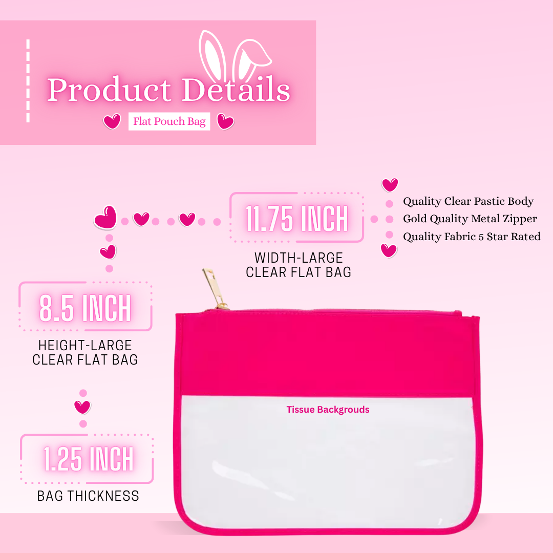 The dimensions of the flat pouch are shown, with the flag bag is 11.75 inch wide, 8.5 inch high, and 1.25 inch thick, with quality clear plastic body, gold quality metal zipper, quality fabric five star rated.