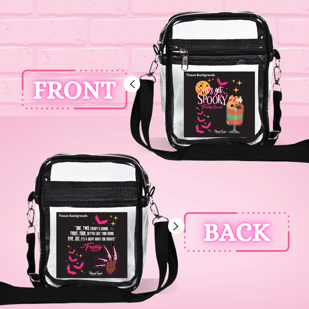 The front and back of the clear pvc cross body bag for the Freddy are shown, with the front reading Let’s get spooky while the back reads one, two, freddy’s coming, three, four, better lock your doors, five, six, it’s a great night for frights.