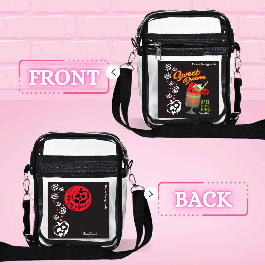The front and back of the clear pvc cross body bag for the poison apple tall sundae are shown, with the front reading sweet dreams, dare to take a bite, and the back shows the poison apple logo.