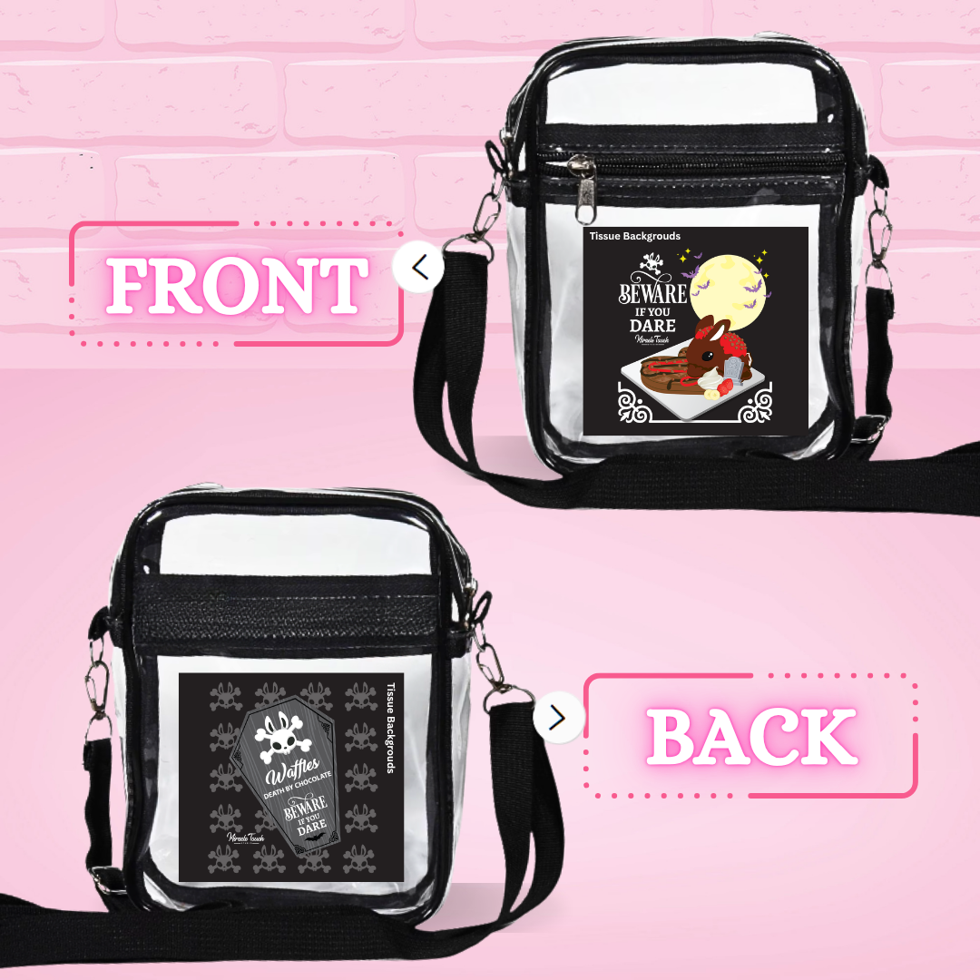 The front and back of the clear pvc cross body bag for the Death by Chocolate waffle are shown, with the front reads Beware if you dare, and the back shows the Waffles Death by Chocolate logo.