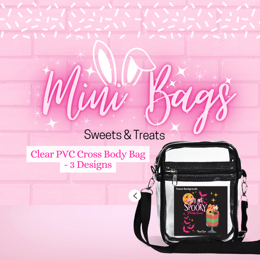 The front and back of the clear pvc cross body bag for the Freddy are shown, with the front reading Let’s get spooky while the back reads one, two, freddy’s coming, three, four, better lock your doors, five, six, it’s a great night for frights. Banner and has 2 more designs.