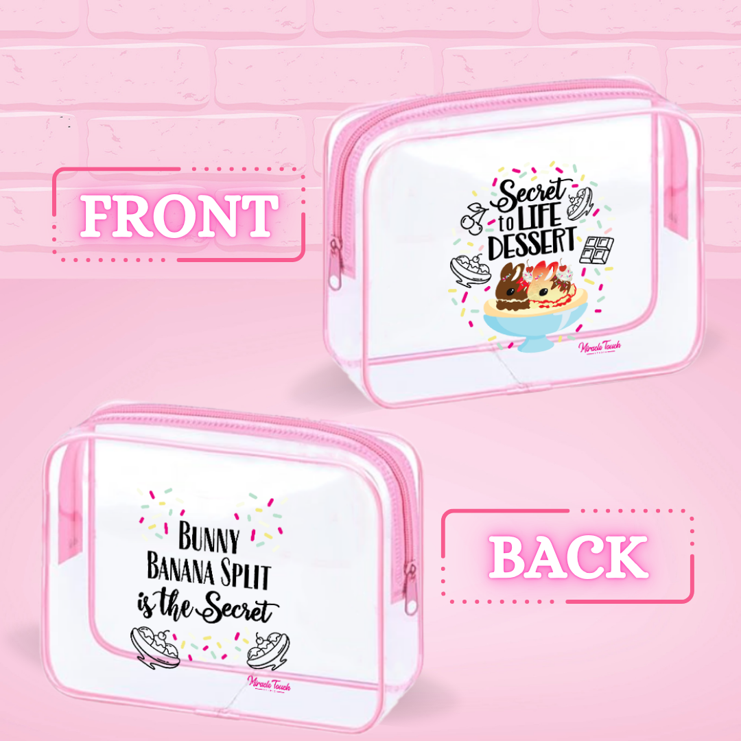 The front and back of the small rectangle pouch for the Banana Split is shown, with the front reading Secret to life Dessert, and the back reads Bunny banana split is the secret. 