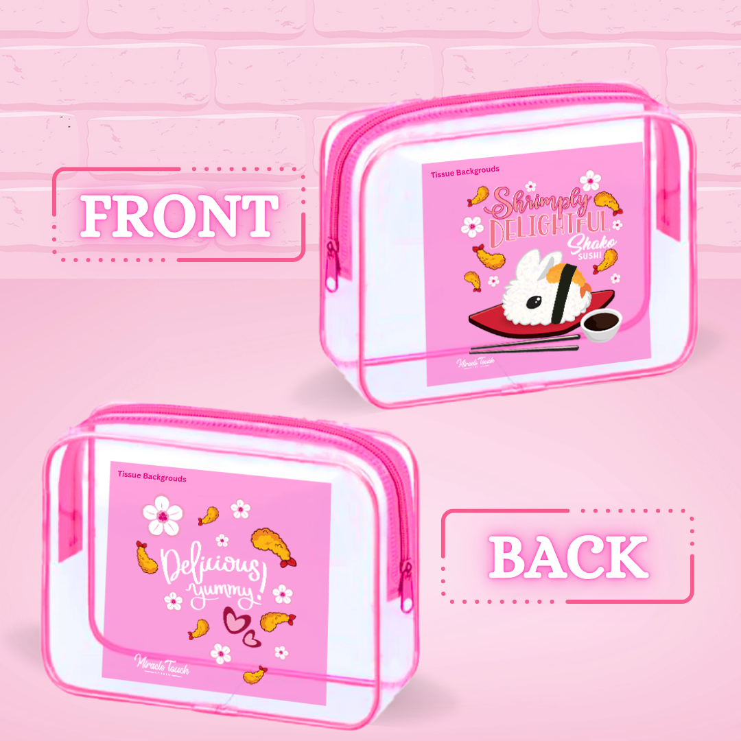 The front and back of the small rectangle pouch for the Shako sushi is shown, with the front reading Shrimply delightful, and the back reads Deliciously yummy.
