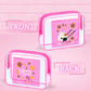 The front and back of the small rectangle pouch for the ikura sushi is shown, with the front showing the design, and the back reading delicious yummy.
