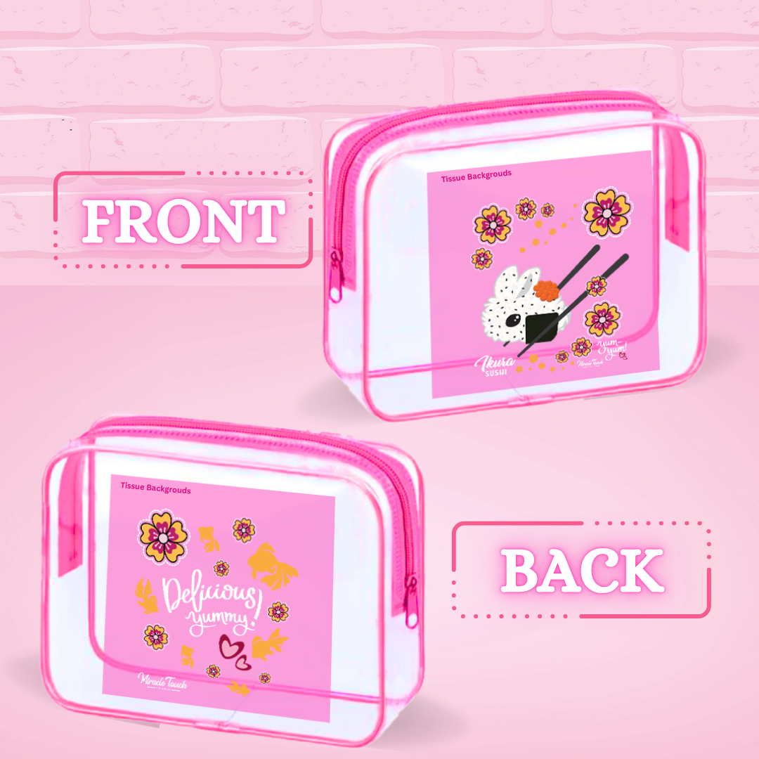The front and back of the small rectangle pouch for the ikura sushi is shown, with the front showing the design, and the back reading delicious yummy.