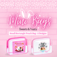 Mini bags, sweet and treats small rectangle pouch bag with three design with two designs are shown.