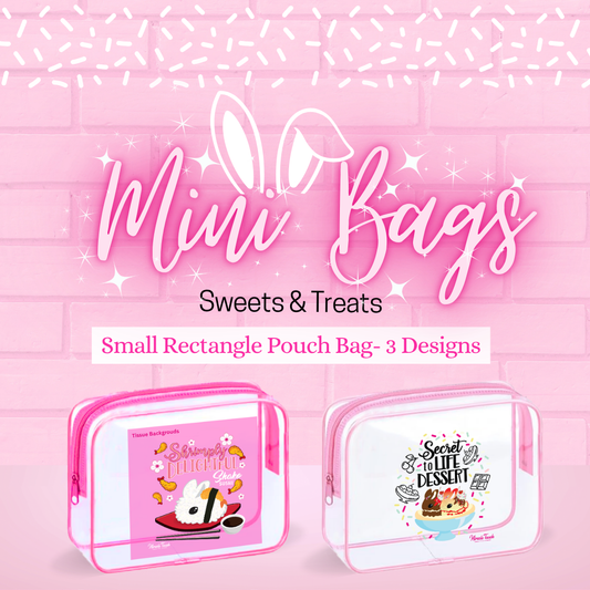 Mini bags, sweet and treats small rectangle pouch bag with three design with two designs are shown.