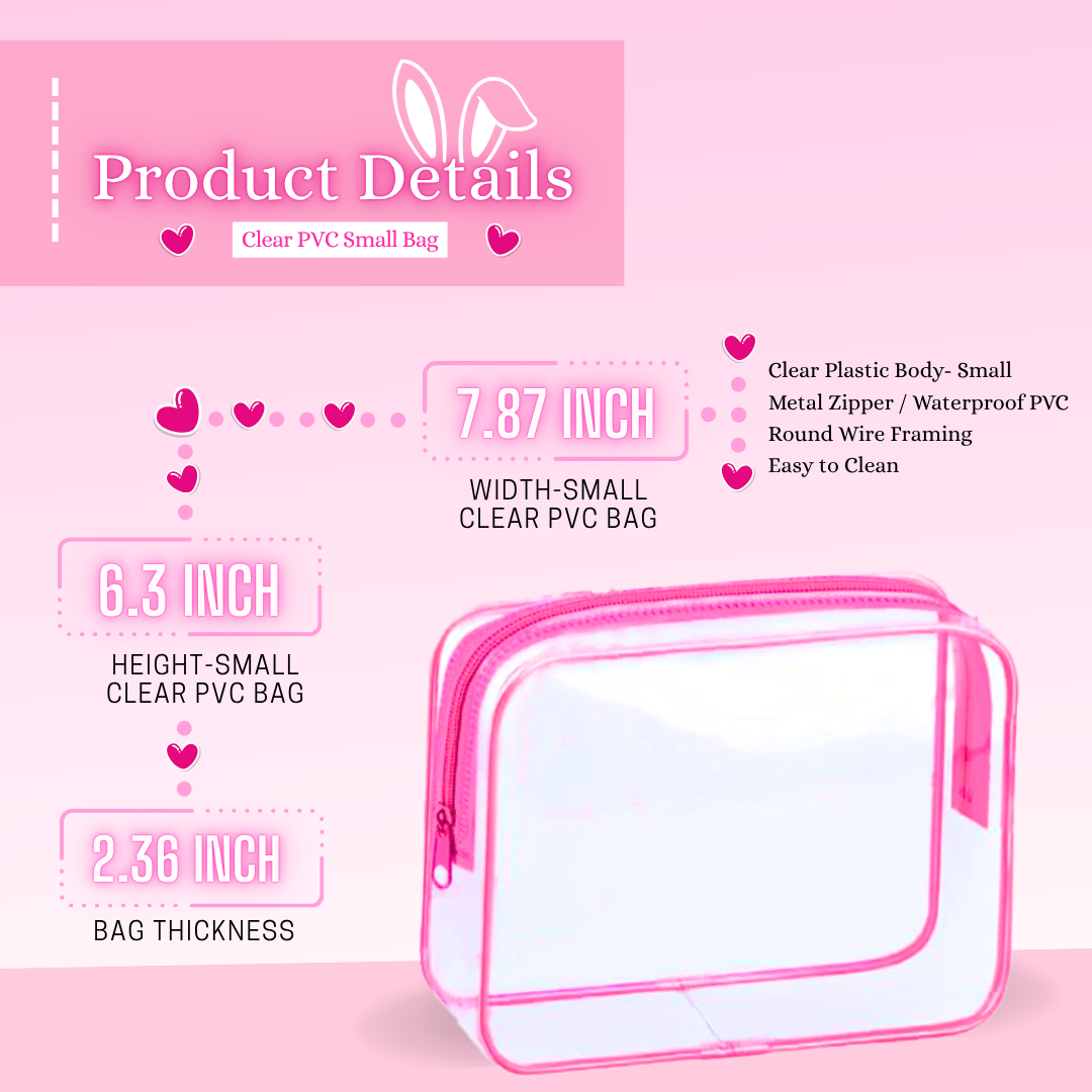 The dimensions of the clear pvc bag is shown, with 7.87 inch wide, 6.3 inch high, and 2.36 