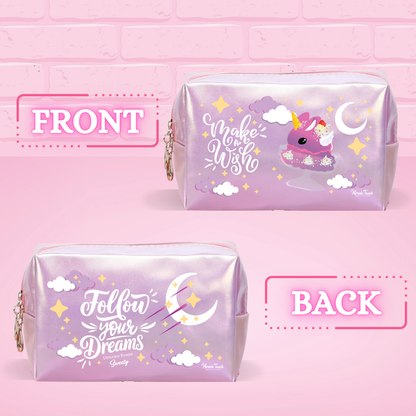 The front of the Sweety Unicorn dish pu leather pouch, and the back of the pu leather pouch which reads Follow your dreams