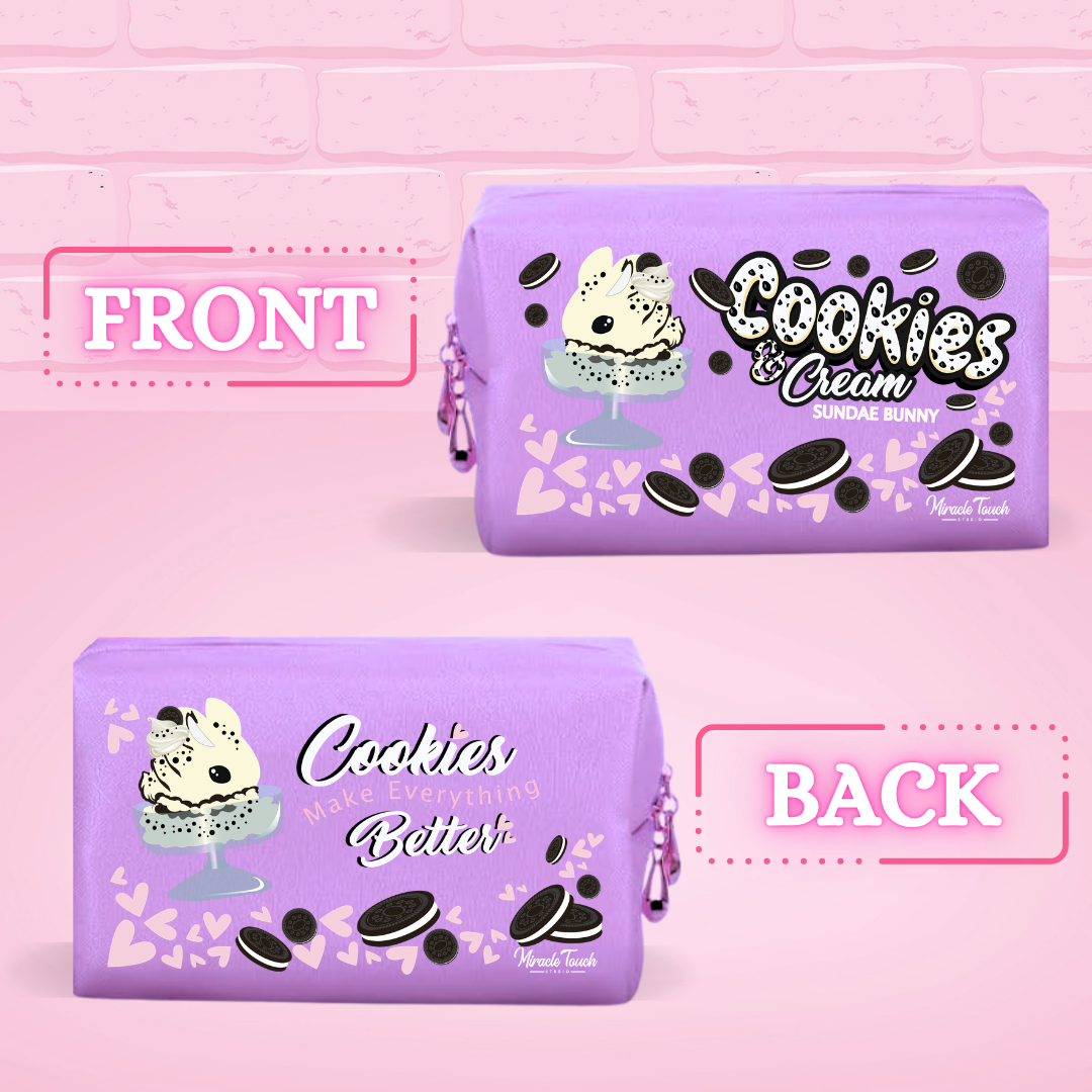 The front of the Cookies and Cream pu leather pouch and the back of the pouch reads Cookies make everything better.
