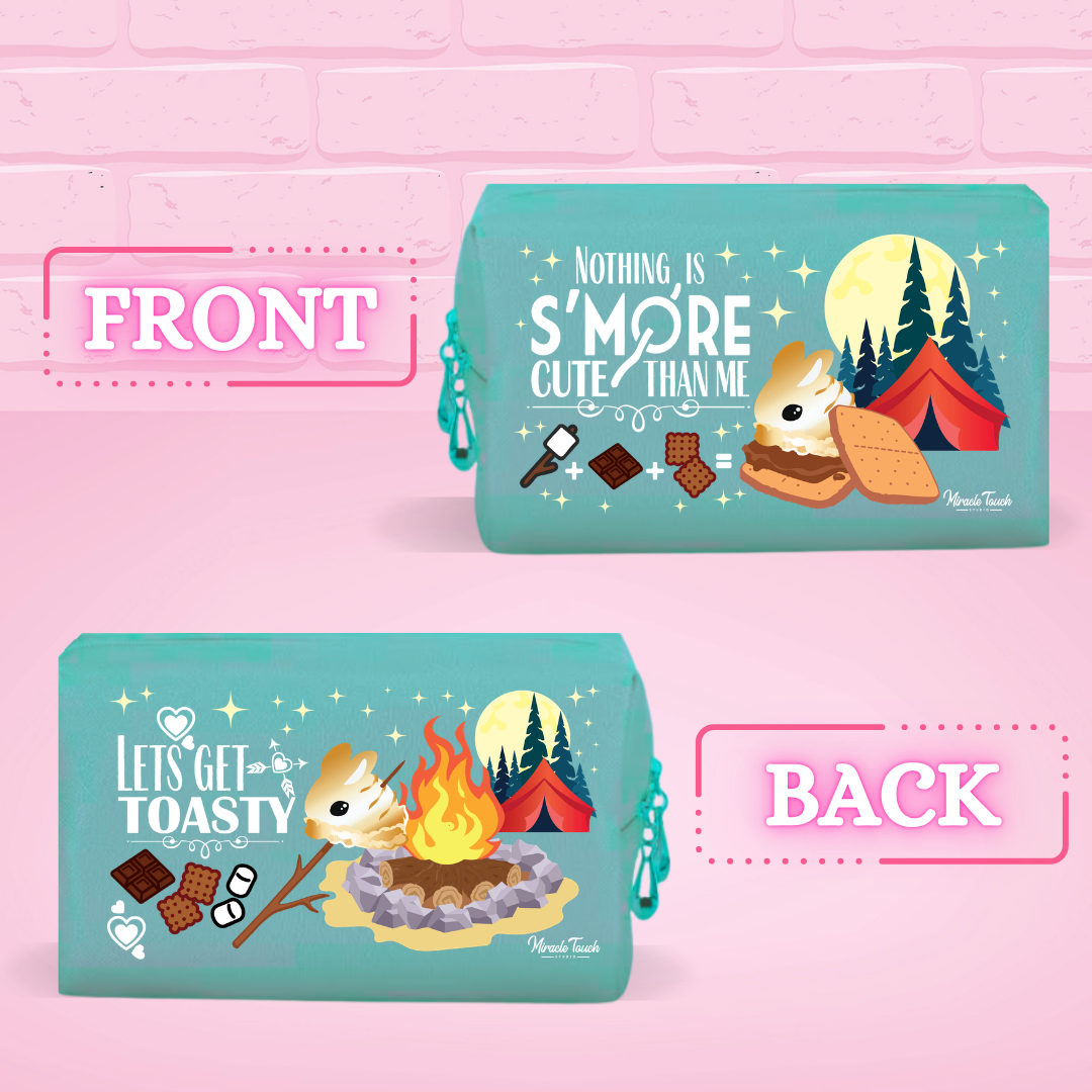 The front of the S’more pu leather pouch which reads Nothing is S’more cute than me and the back of the pouch reads Let’s get toasty.