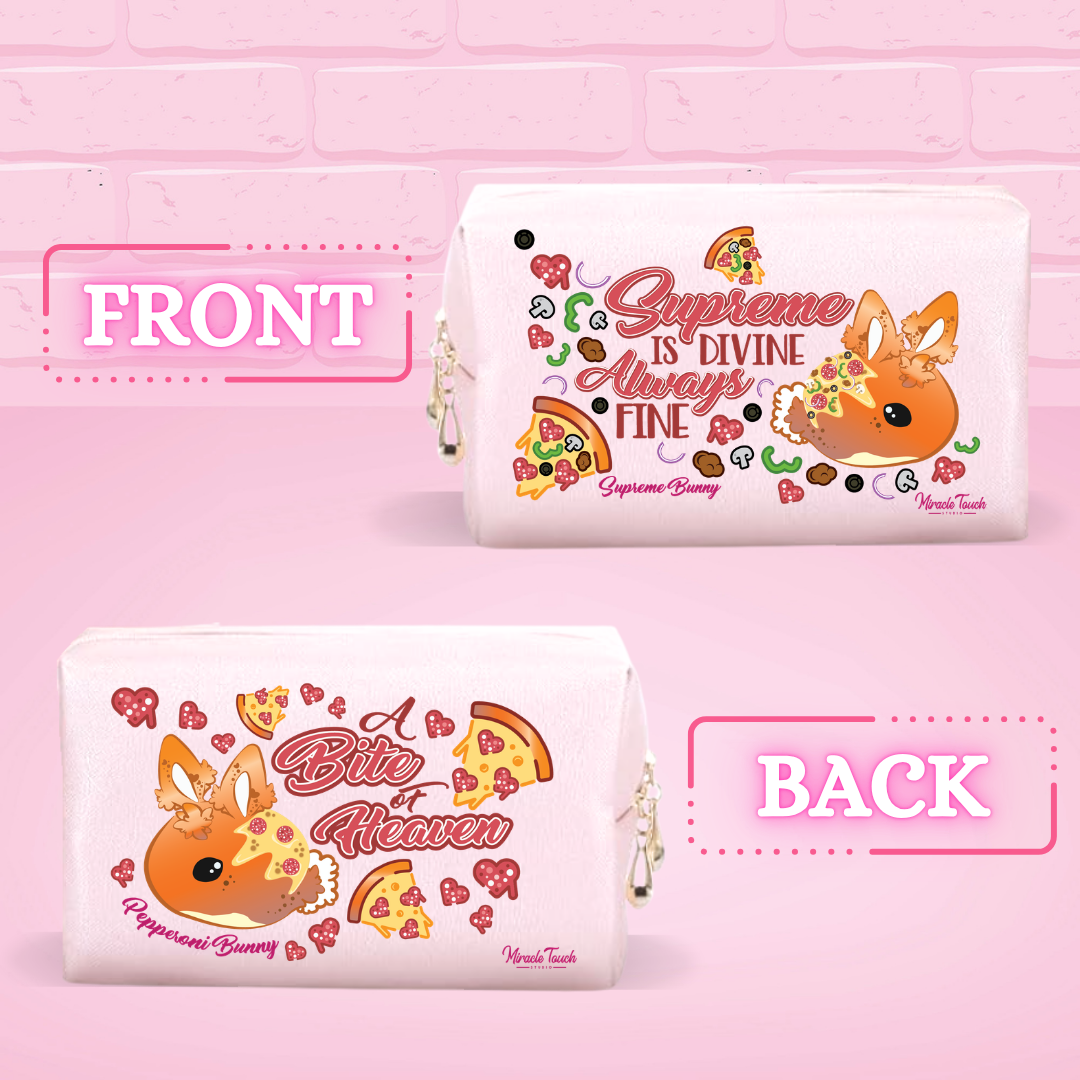 The front of the Supreme Pizza bunny PU leather pouch which reads Supreme is divine always fine and the back reads a bite of heaven with the pepperoni bunny design.