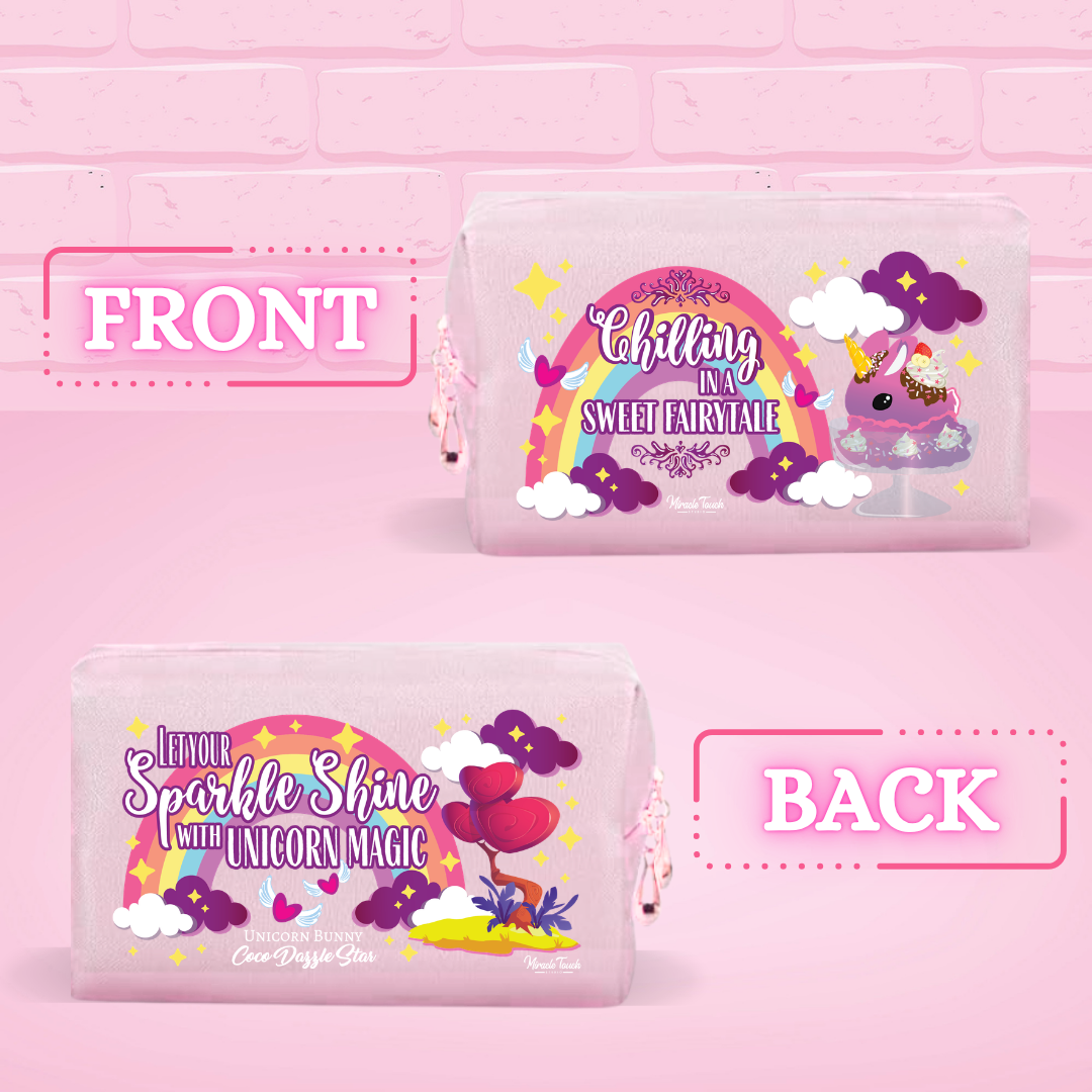 The front of the coco dazzle star unicorn bunny pu leather pouch reads Chilling in a sweet fairytale and the back reads Let your sparkle shine with unicorn magic.