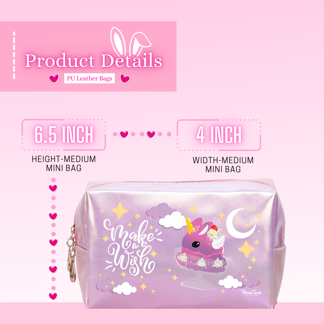 Product Details for PU Leather Bags, which reads 6.5 inch high and 4 inch width while showing Sweety Unicorn Dish.