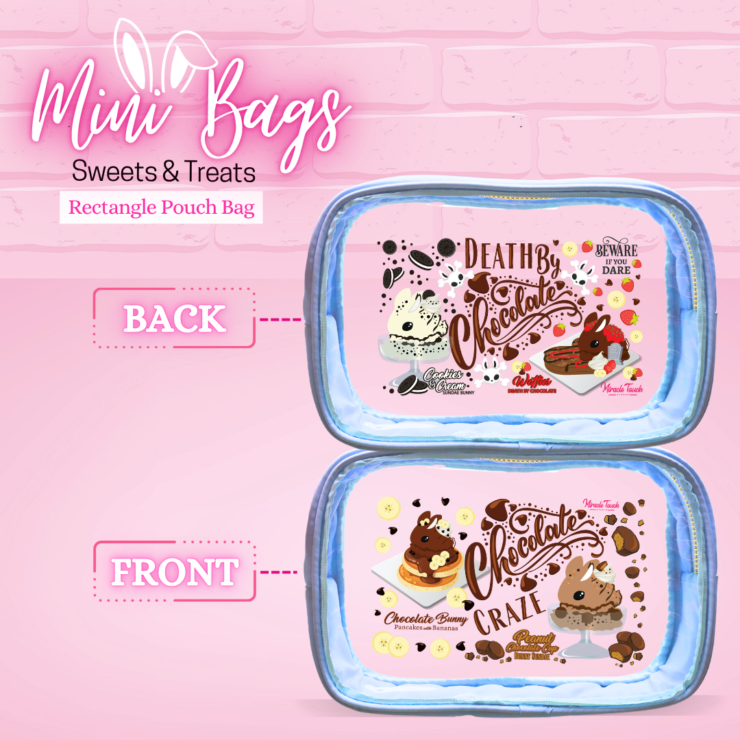 The front and back designs of the rectangle pouch for the Death by Chocolate and the Chocolate Craze. 