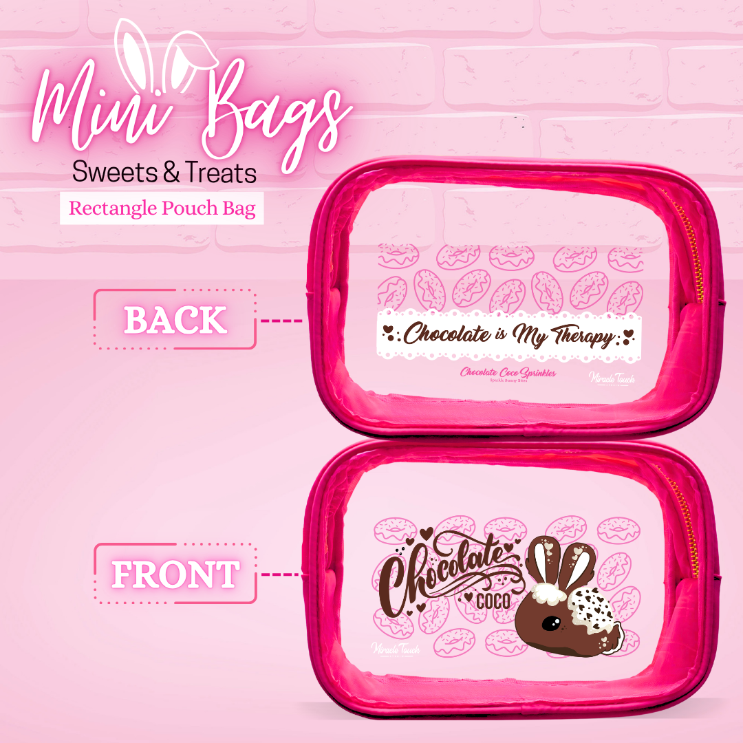 The front and back designs of the rectangle pouch for the chocolate Coco is shown, with the back reading Chocolate is my therapy. 