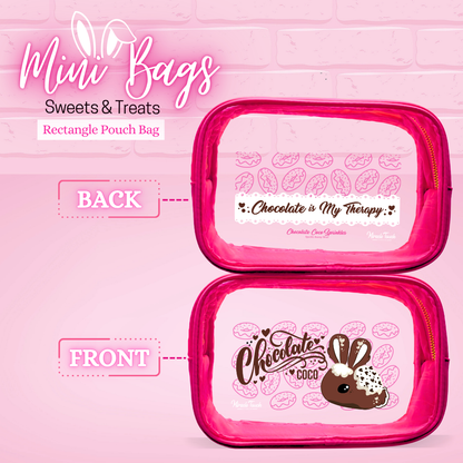 The front and back designs of the rectangle pouch for the chocolate Coco is shown, with the back reading Chocolate is my therapy. 