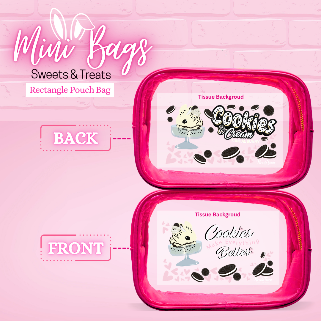 The front and back designs of the rectangle pouch for the Cookies and Cream which the front reads Cookies make everything better.