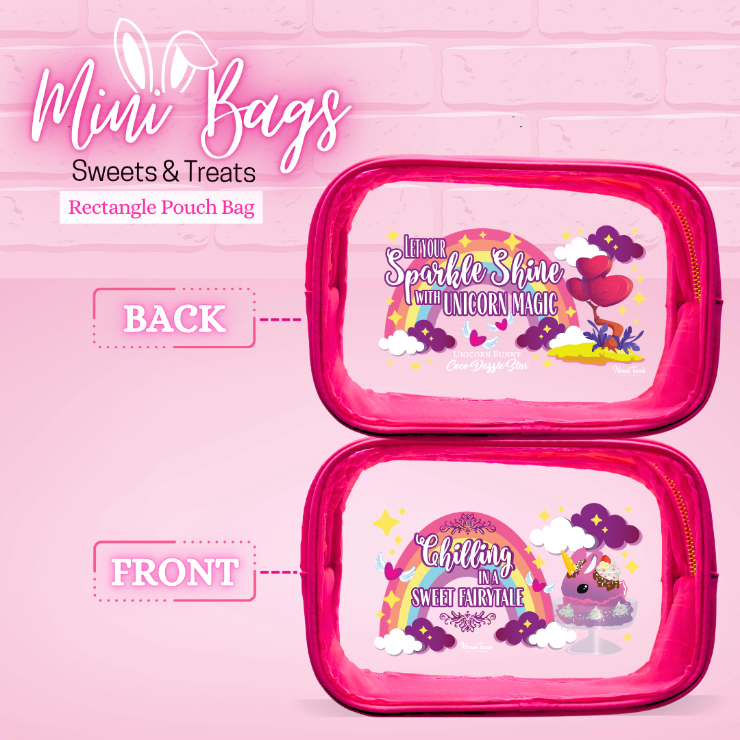 The front and back designs of the rectangle pouch for the Coco Dazzle Star which the front reads Chilling in a sweet fairytale, and the back reads let your sparkle shine with unicorn magic.
