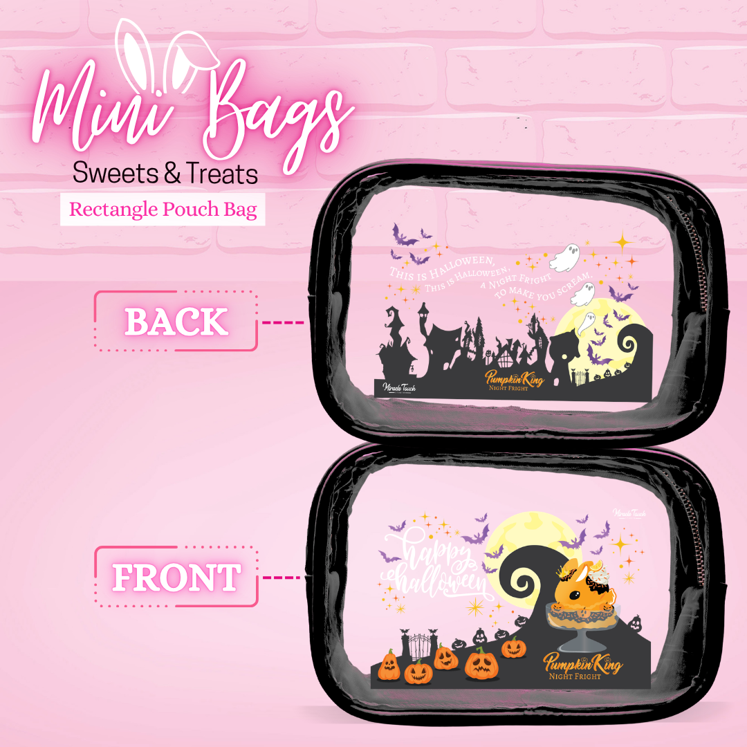 The front and back designs of the rectangle pouch for the Pumpkin King which the front reads Happy Halloween and the back reads This is Halloween, This is Halloween, a night fright to make you scream.