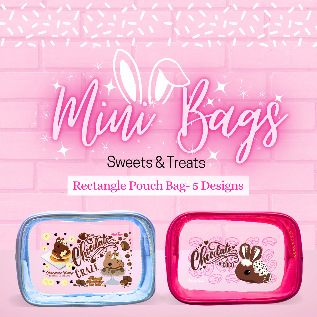 Mini bags sweets and treats with five designs, and shows two different colors of the clear rectangle pouch designs