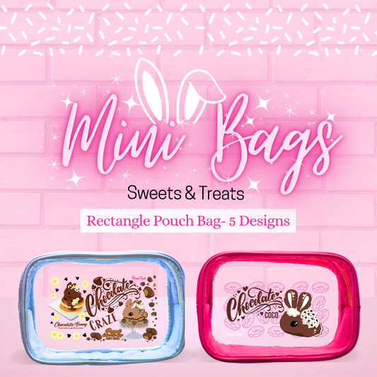 Mini bags sweets and treats with five designs, and shows two different colors of the clear rectangle pouch designs
