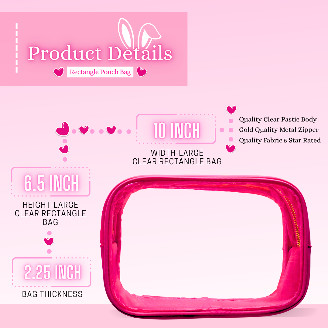 The dimensions of the rectangle pouch bag are shown, 10 inch wide, 6.5 inch high, and 2.25 inch thickness, with quality clear plastic body, gold quality metal zipper, quality fabric five star rated.