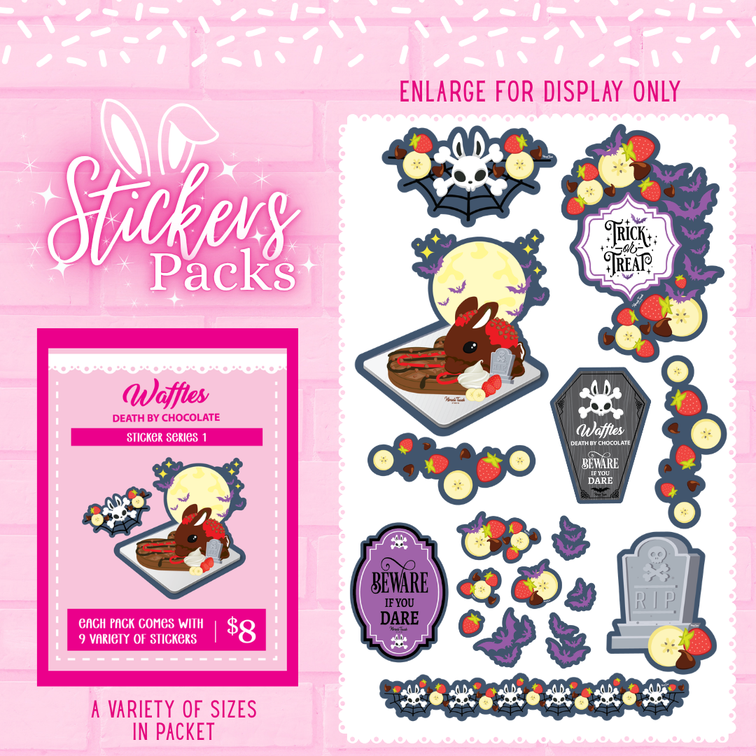 Death by Chocolate waffle bunny sticker pack with multiple stickers in various sizes.