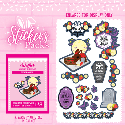 Death by Chocolate waffle bunny sticker pack with multiple stickers in various sizes.