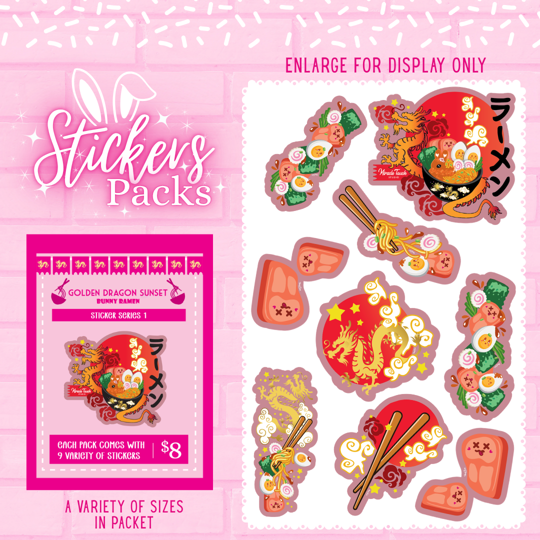 Golden Dragon Sunset bunny ramen sticker pack with multiple stickers in various sizes.