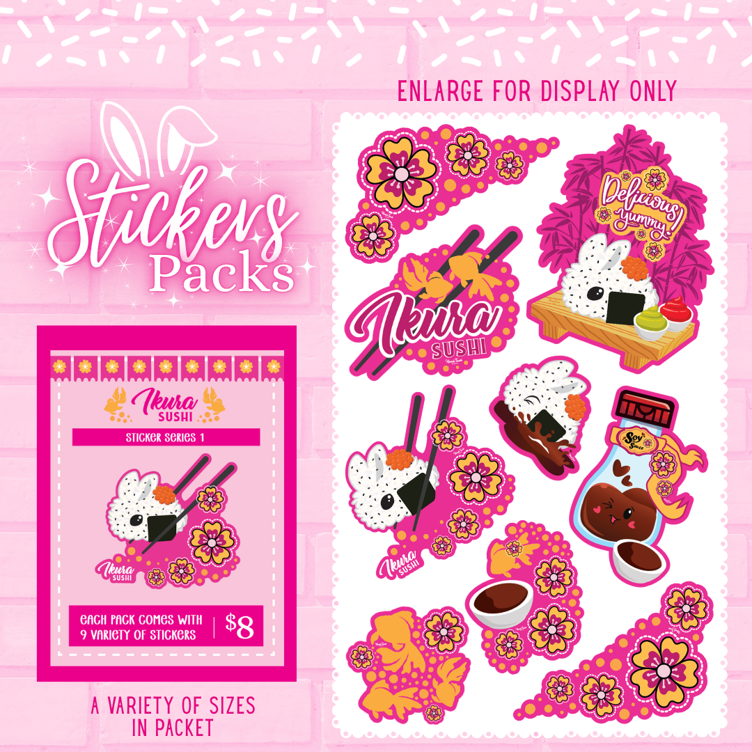 Ikura Sushi bunny sticker pack with multiple stickers in various sizes.