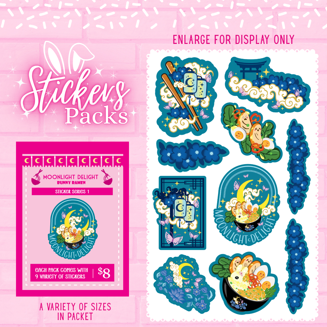 Moonlight Delight bunny ramen sticker pack with multiple stickers in various sizes.
