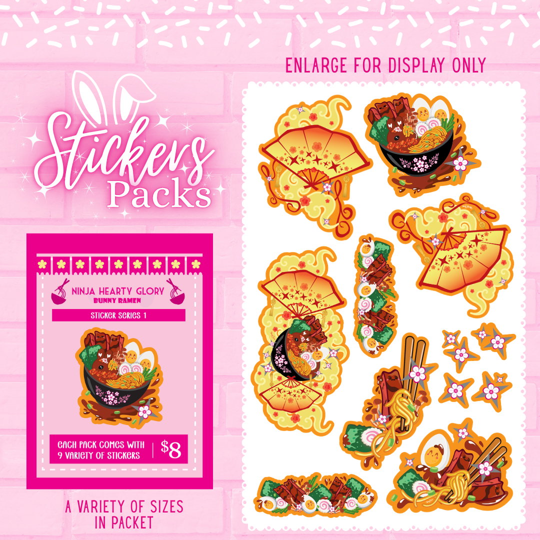 Ninja Hearty Glory bunny ramen sticker pack with multiple stickers in various sizes.