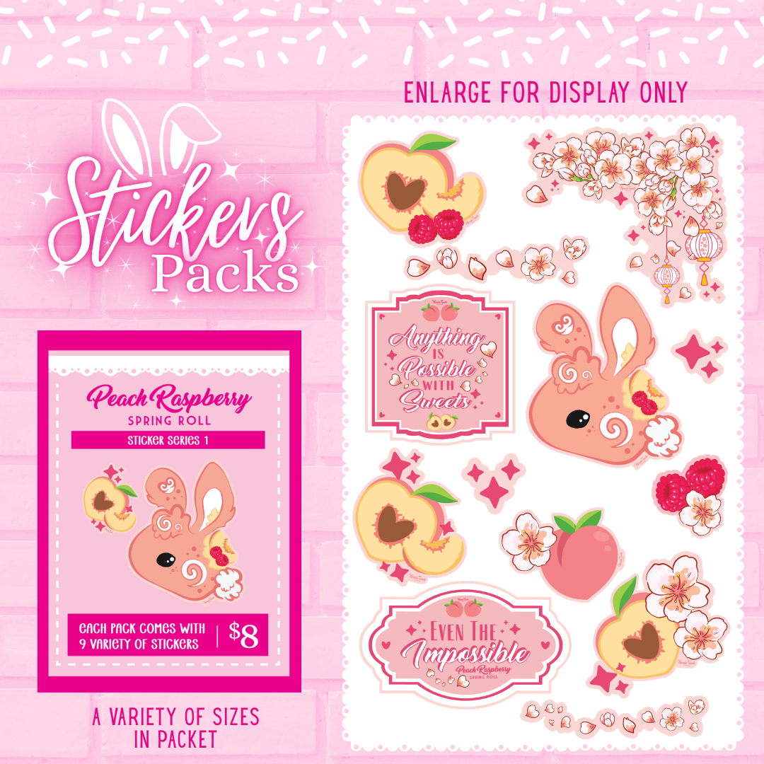 Peach raspberry spring roll bunny sticker pack with multiple stickers in various sizes.