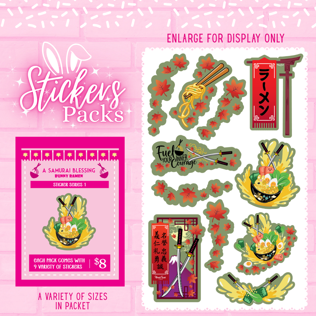 Samurai Blessing bunny ramen sticker pack with multiple stickers in various sizes.